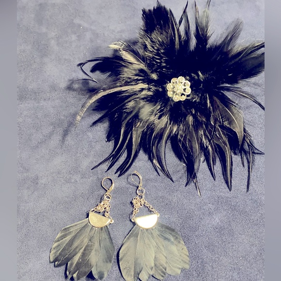 Black feather AB crystal Torrid hairpiece & Chloe+Isabel repurpose earrings prom - Picture 7 of 8